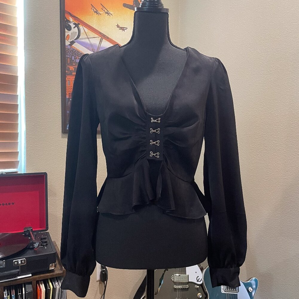 Forever 21 Black Satin Style Women's Front Clasp Peplum Blouse